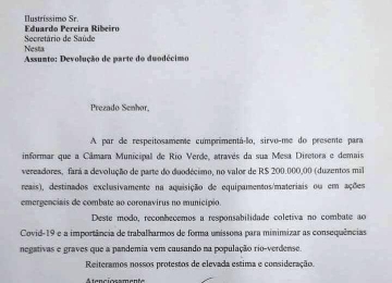 Câmara de Rio Verde repassa R$ 200 mil para compras contra coronavírus 