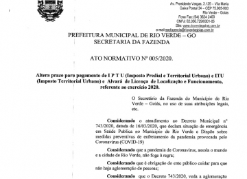 Prazos para pagamento de IPTU, ITU e alvarás são suspensos em Rio Verde
