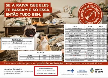 Começa hoje (08/09) vacinação contra raiva para cachorros e gatos em Rio Verde e distritos