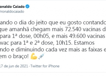 Caiado publica que chegam amanhã 72.540 doses da Pfizer em Goiás