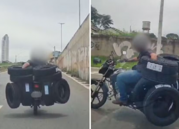 Motociclista chama atenção ao circular com quase dez pneus em avenida movimentada de Goiás