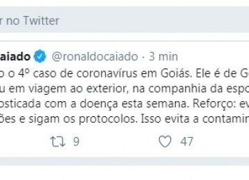 Governador confirma pelo Twitter 4º caso de coronavirus em Goiás