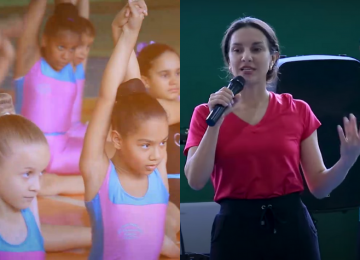 Ex-ginasta Ana Paula Ribeiro dá aula de ginástica rítmica em evento especial para crianças, em Rio Verde