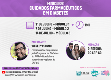 Começa hoje o minicurso online Cuidados Farmacêuticos em Diabetes organizado pelo CRF-GO