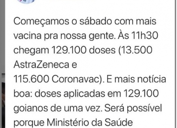 Goiás recebe 129.100 novas doses de vacinas contra a Covid hoje (20)