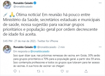 Caiado anuncia que vacinação contra a Covid será também para população geral