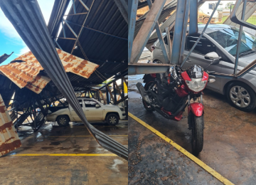 Vendaval derruba cobertura de estacionamento e danifica três veículos no Parque Bandeirante, em Rio Verde
