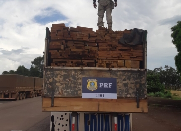 Carreta com madeira ilegal é presa pela PRF na BR364