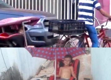 Pai solo de Santa Helena carrega filho de 4 anos enquanto vende salgados de bicicleta