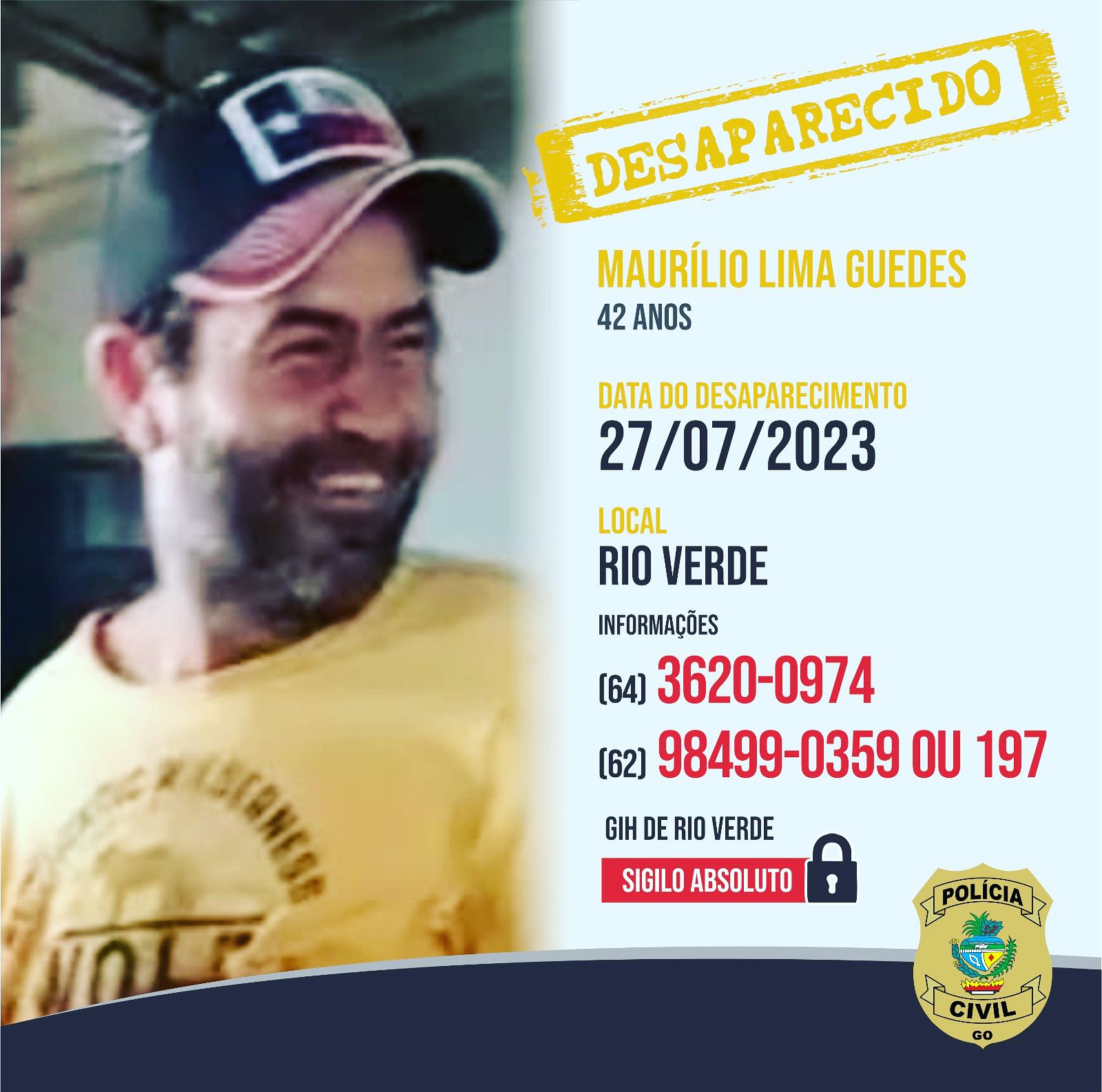 Polícia procura por Maurílio Lima Guedes, desaparecido em Rio Verde