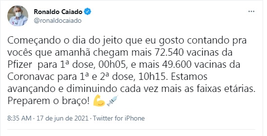 Caiado publica que chegam amanhã 72.540 doses da Pfizer em Goiás