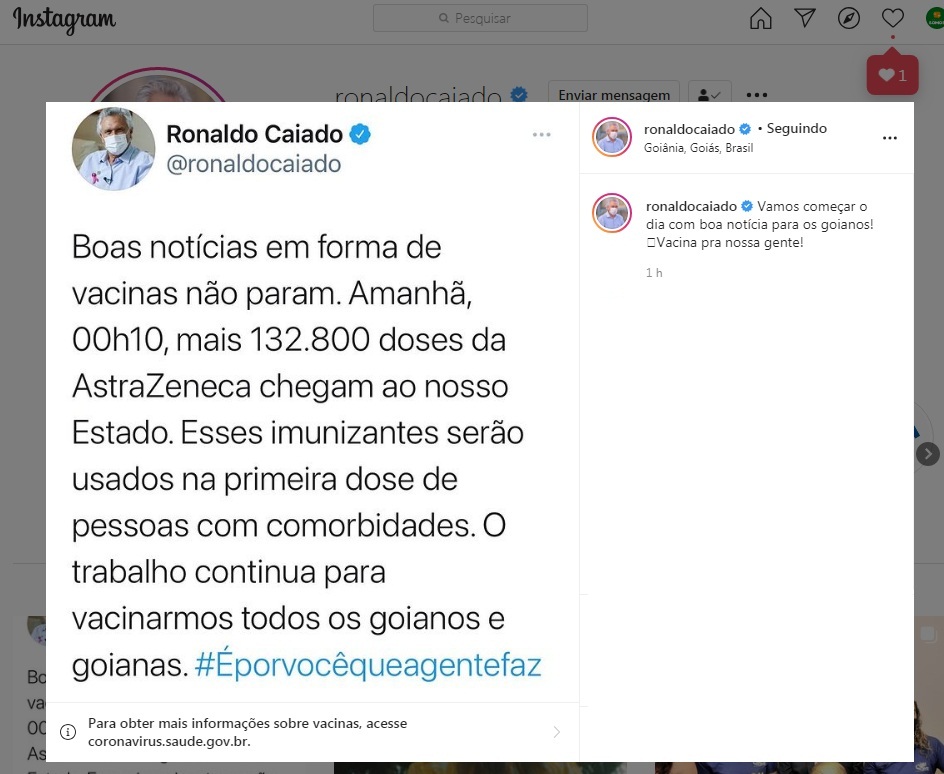 Governador anuncia chegada de mais doses a Goiás