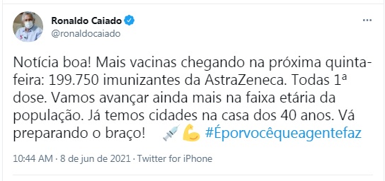 Governador de Goiás anuncia a chegada de 2ª remessas de novas doses para esta semana