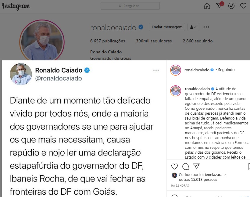 Caiado reage com repúdio e nojo contra fala do governador do DF sobre fechamento de fronteiras