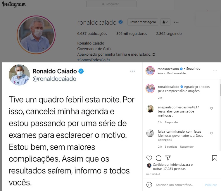 Caiado cancela agenda e faz exames após ter febre