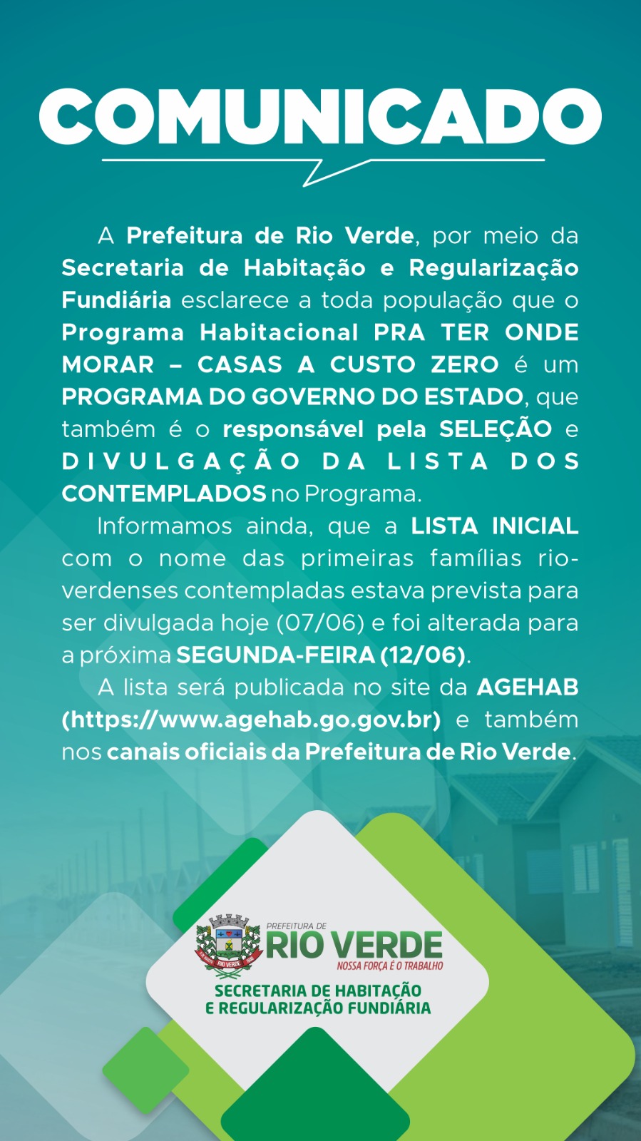 Prefeitura de Rio Verde emite nota sobre programa Para ter onde Morar