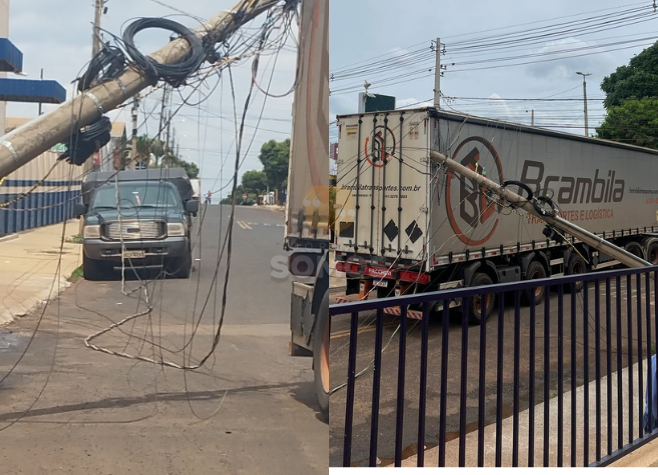 Caminhão atinge fiação e derruba poste próximo à Avenida Pausanes, em Rio Verde-GO