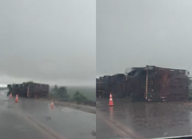 Carreta que transportava cana tomba entre Santa Helena e Turvelândia 