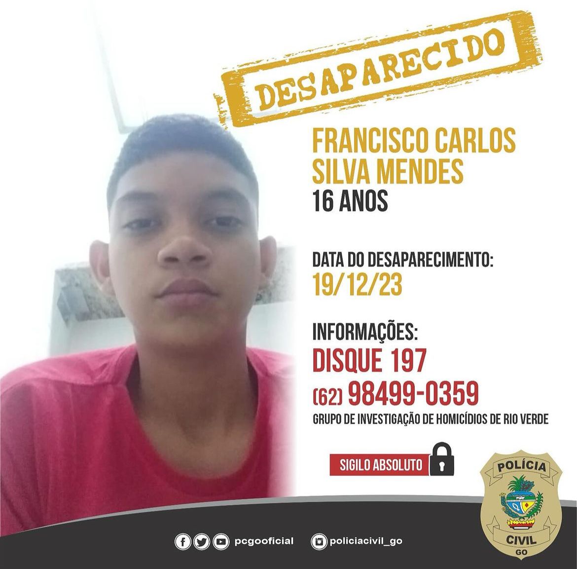 Há mais de um mês que jovem está desaparecido em Rio Verde
