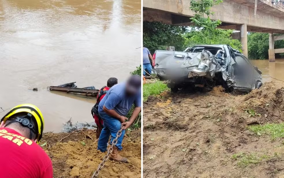 Pai e filho morrem após caminhonete bater na ponte e cair no Rio dos Bois, em Pontalina
