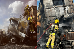 Carreta carregada com bagaço de cana pega fogo na BR-452 e incêndio atinge vegetação, em Rio Verde