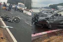 Mulher morre após grave acidente entre carro e moto na BR-452, em Rio Verde