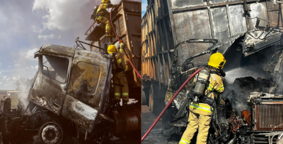 Carreta carregada com bagaço de cana pega fogo na BR-452 e incêndio atinge vegetação, em Rio Verde