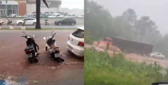 Chuva forte alaga ruas de Rio Verde e deixa asfalto danificado; Motoristas enfrentam trânsito difícil