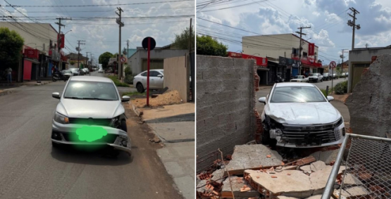 Carro atinge muro de residência após colisão em cruzamento de Rio Verde