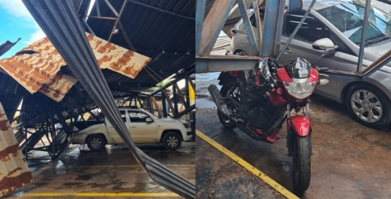 Vendaval derruba cobertura de estacionamento e danifica três veículos no Parque Bandeirante, em Rio Verde