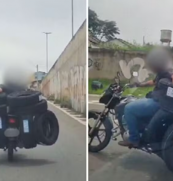 Motociclista chama atenção ao circular com quase dez pneus em avenida movimentada de Goiás
