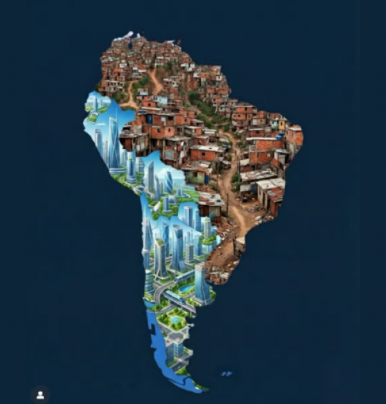 Milei compartilha post que mostra mapa do Brasil formado por favelas e Argentina como futurista