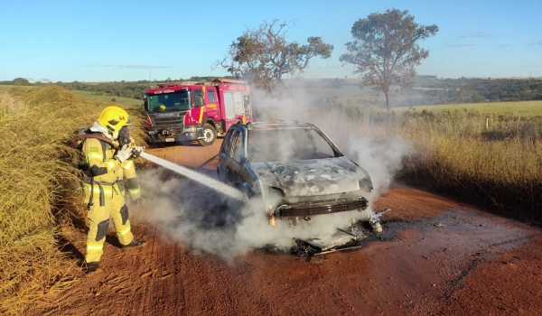 Carro fica destruído após incêndio na zona rural de Rio Verde