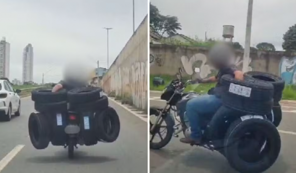 Motociclista chama atenção ao circular com quase dez pneus em avenida movimentada de Goiás
