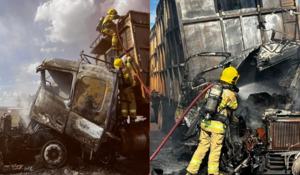 Carreta carregada com bagaço de cana pega fogo na BR-452 e incêndio atinge vegetação, em Rio Verde