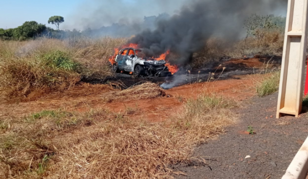 Carro colide em poste e causa incêndio em mata no Campos Elísios, em Rio Verde