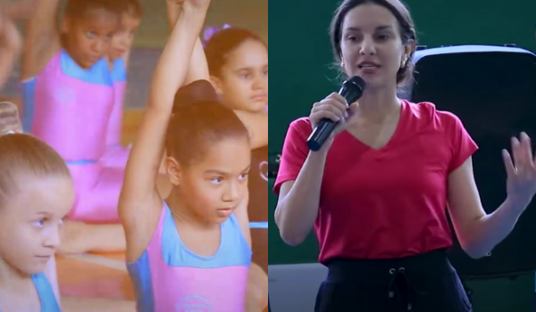 Ex-ginasta Ana Paula Ribeiro dá aula de ginástica rítmica em evento especial para crianças, em Rio Verde