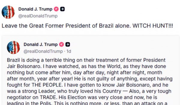 Trump volta a defender Bolsonaro e acusa Brasil de caça às bruxas; Lula reage