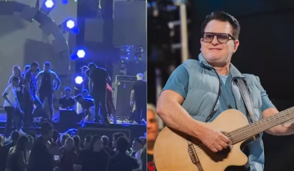 Marrone cai do palco durante show em Goiânia e leva pontos na testa
