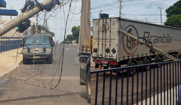 Caminhão atinge fiação e derruba poste próximo à Avenida Pausanes, em Rio Verde-GO