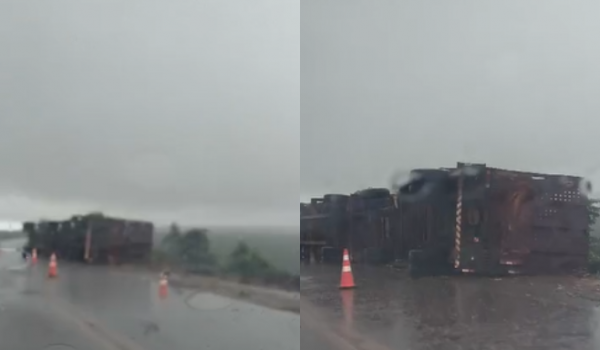 Carreta que transportava cana tomba entre Santa Helena e Turvelândia 