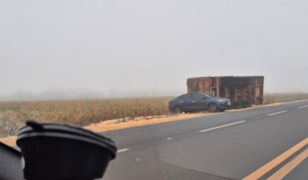 Carreta carregada com grãos é registrada tombada às margens da GO-174 entre Rio Verde e Montividiu