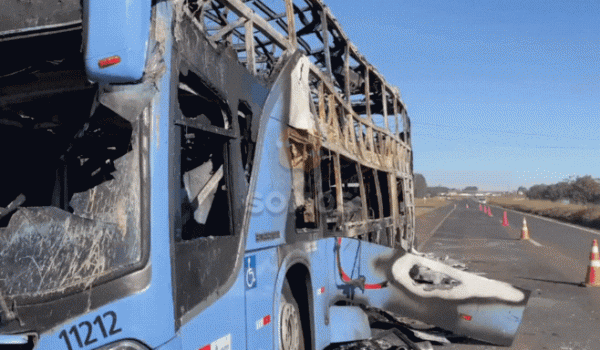 Incêndio atinge ônibus com 30 passageiros na BR-060 em Rio Verde; Rodovia segue em meia pista