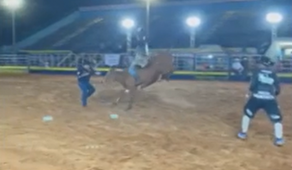 Locutor é pisoteado por touro, mas segue narrando rodeio, em Mato Grosso do Sul