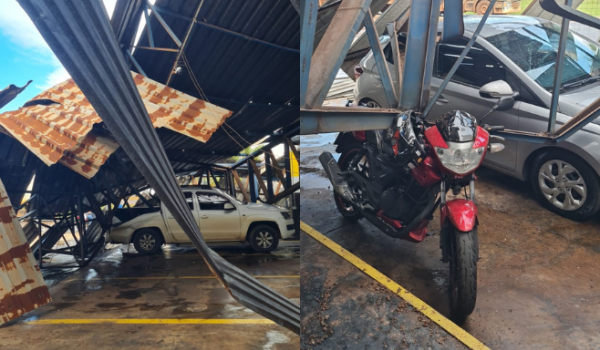 Vendaval derruba cobertura de estacionamento e danifica três veículos no Parque Bandeirante, em Rio Verde
