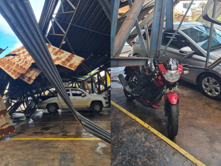 Vendaval derruba cobertura de estacionamento e danifica três veículos no Parque Bandeirante, em Rio Verde