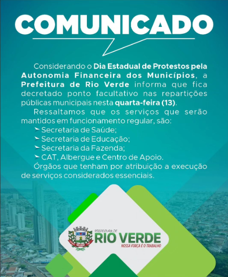 Prefeitura de Rio Verde adere à paralisação estadual dos municípios   